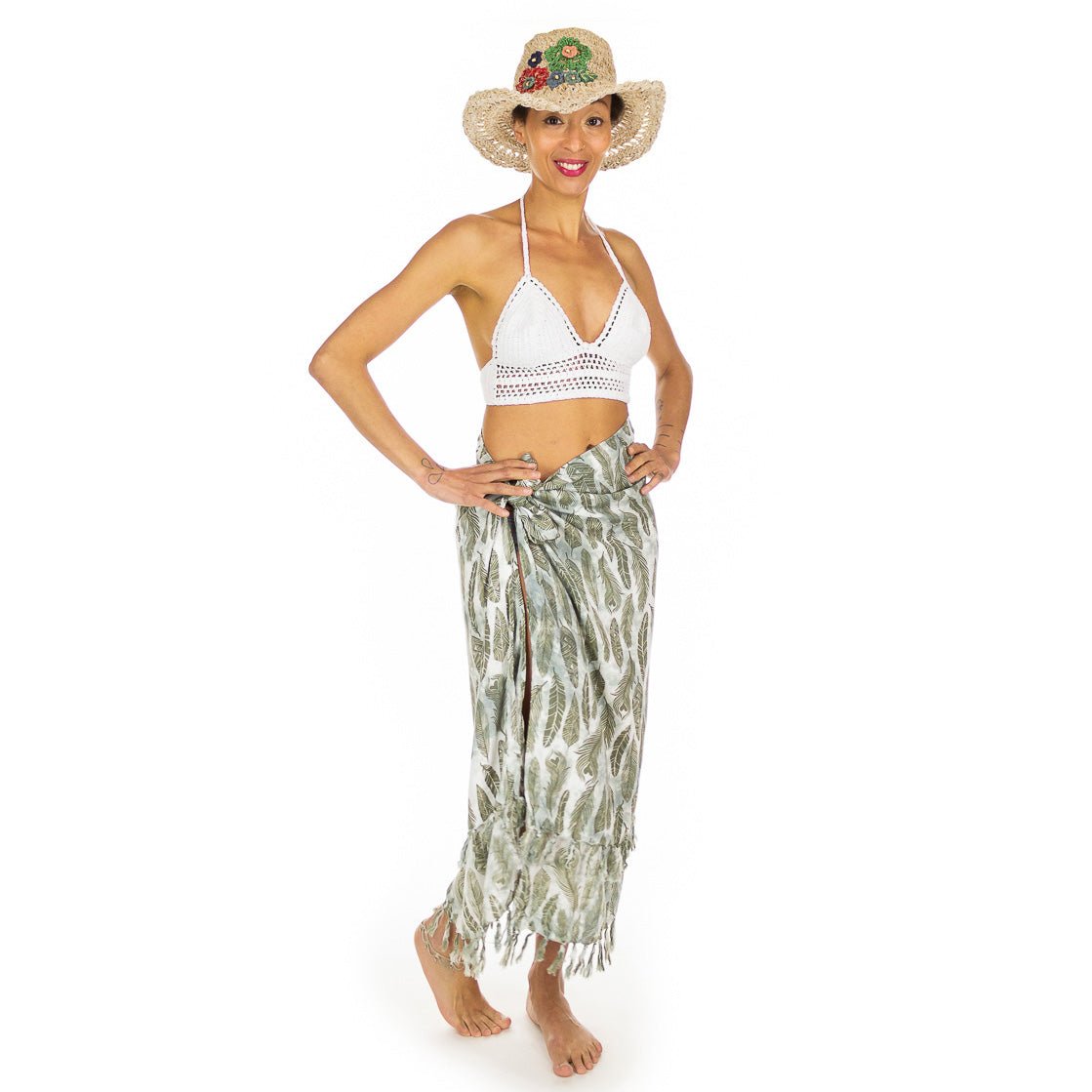 Paréo Blanc Plumes Vertes - Boutique Equinoxe