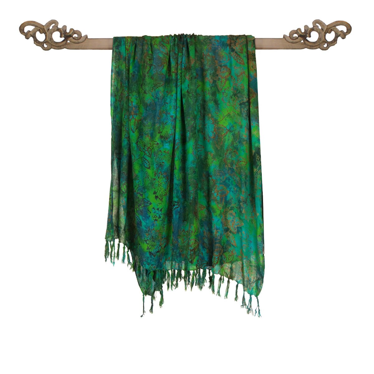 Pareo en Batik Fleurs dorées sur Vert et Sarcelle - Boutique Equinoxe