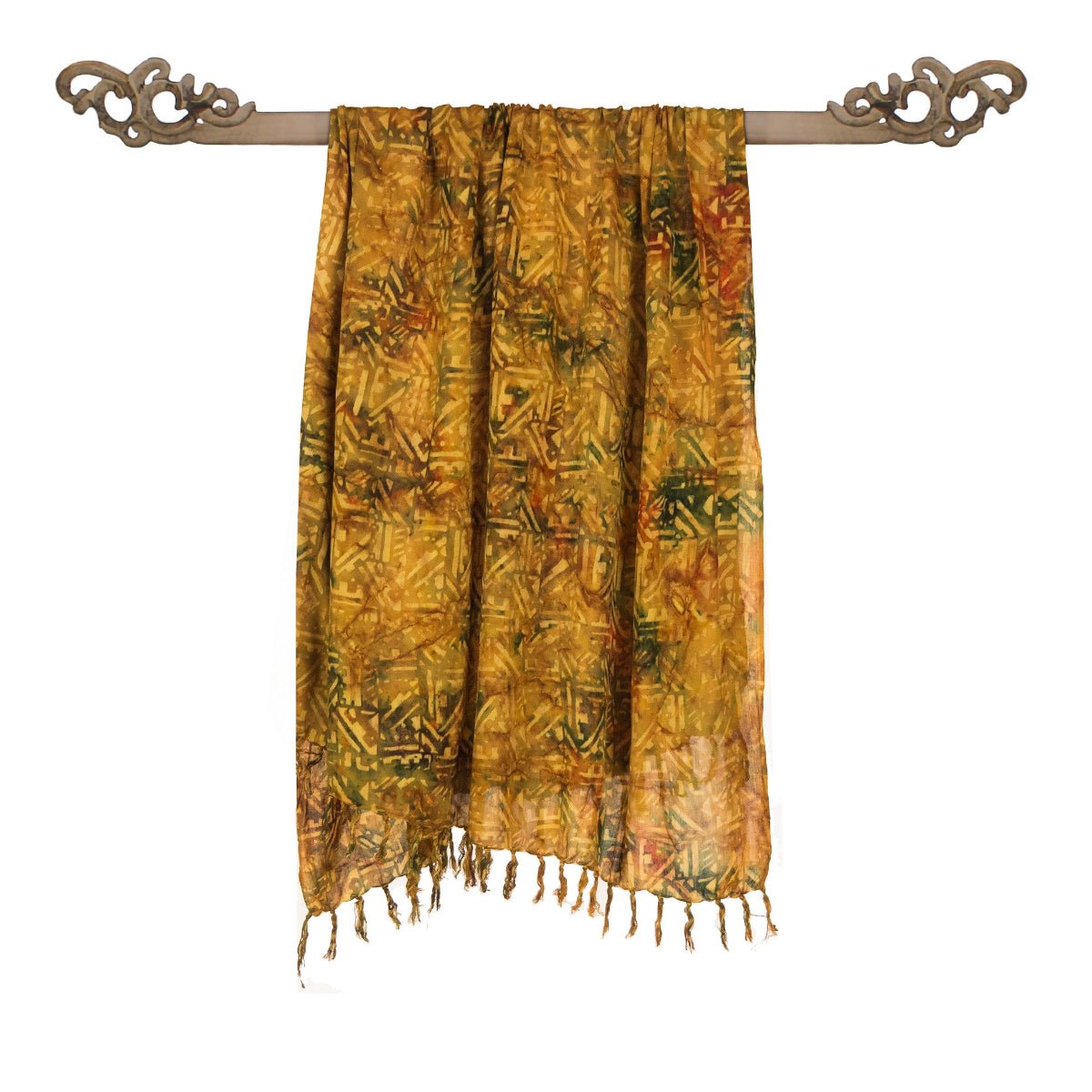 Paréo en Batik Ocre et Kaki motif Aztec - Boutique Equinoxe