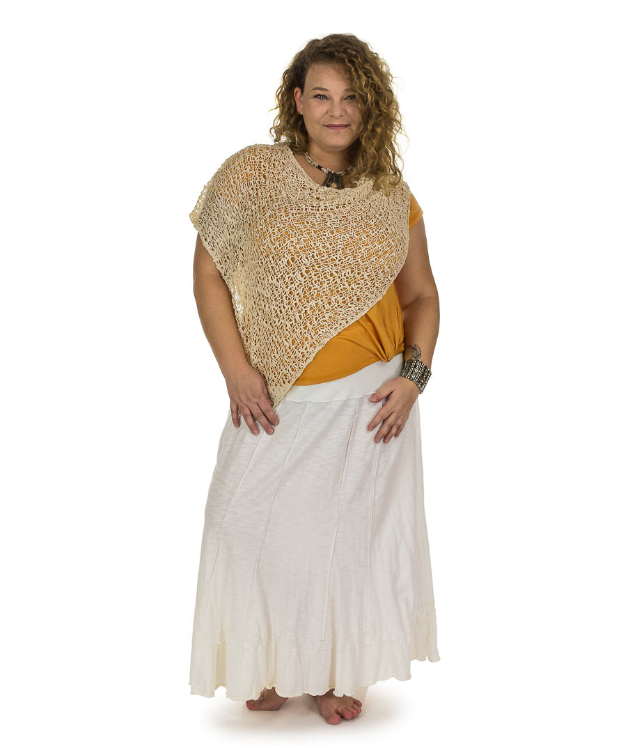 Jupe longue évasée en coton flammé, taille élastique.