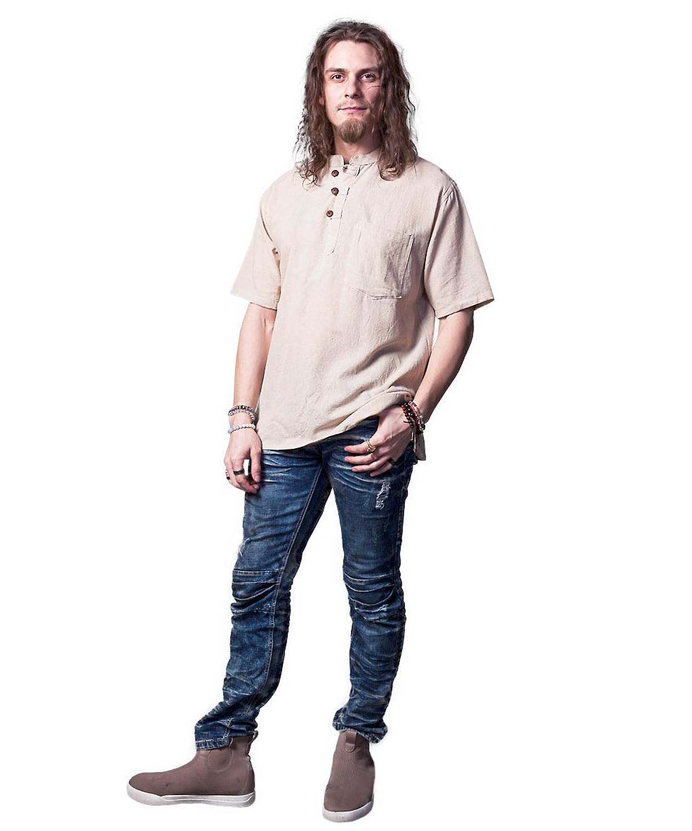 Chemise à col Mao, manche courte en coton - Boutique Equinoxe