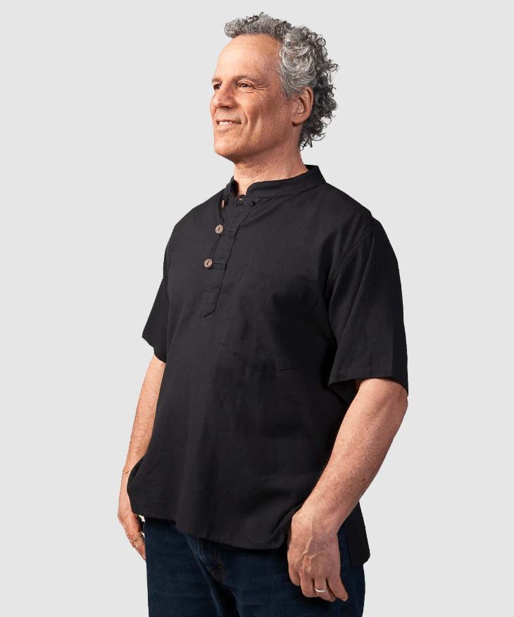 Chemise à col Mao, manche courte en coton - Boutique Equinoxe