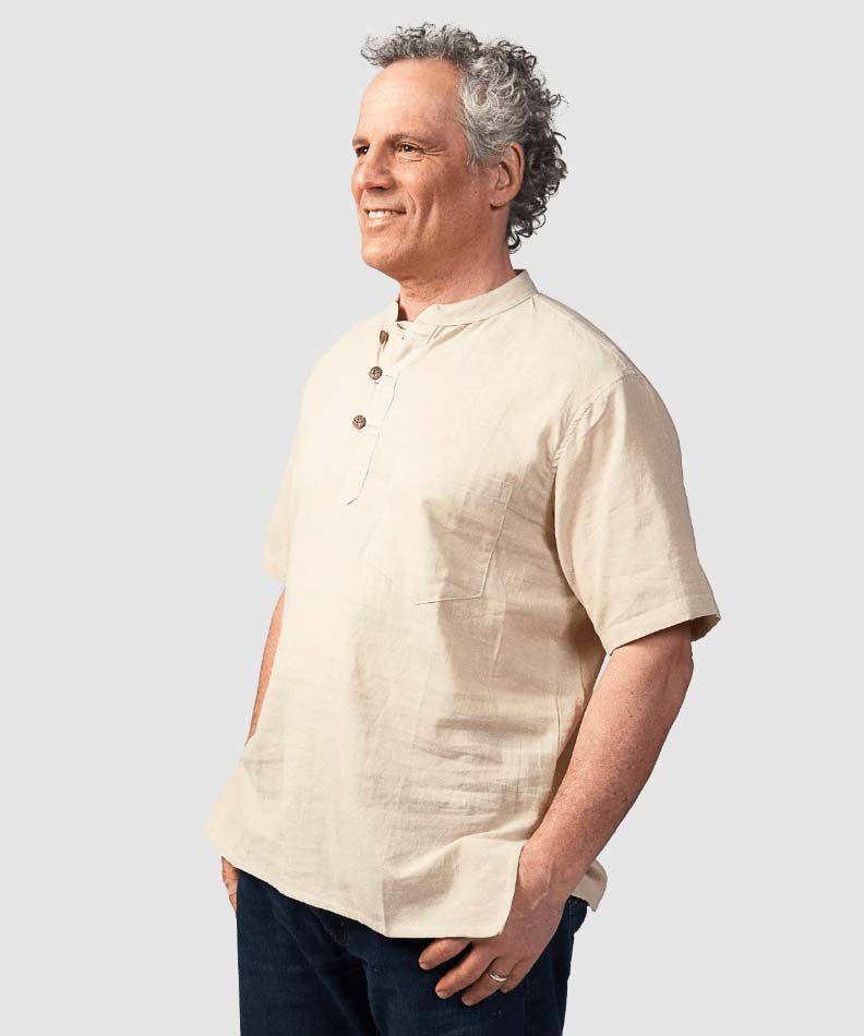 Chemise à col Mao, manche courte en coton - Boutique Equinoxe