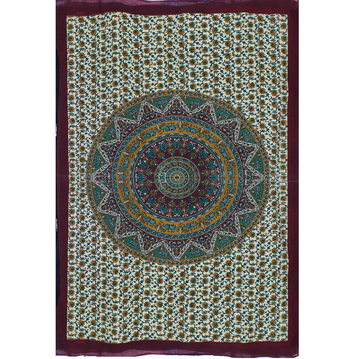 Couvre lit 100% coton, Mandala vert et bougogne - Boutique Equinoxe