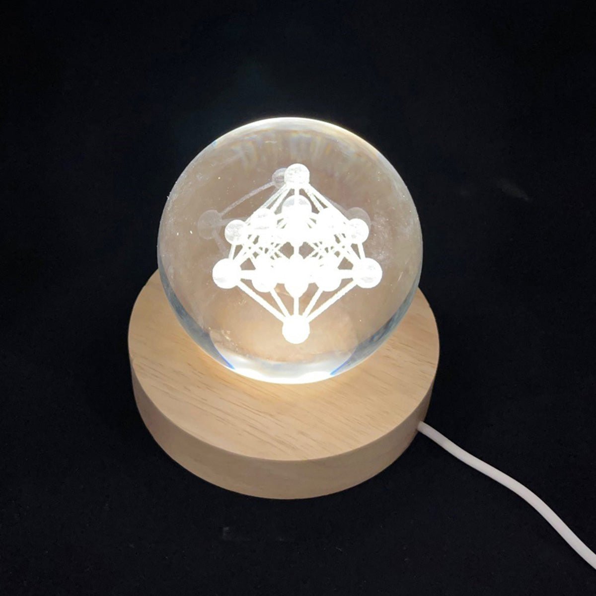 Lumière en boule de verre Metatron, géométrie sacrée - Boutique Equinoxe