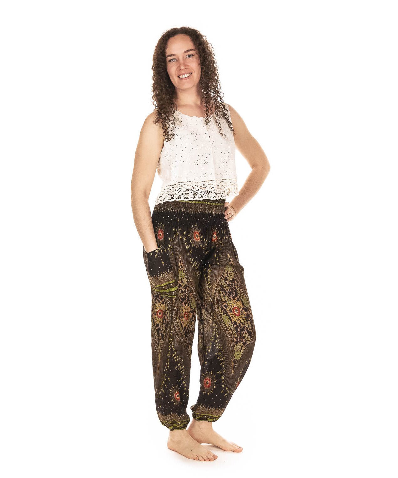 Pantalon Bouffant imprimé Oeil de paon Brun - Boutique Equinoxe