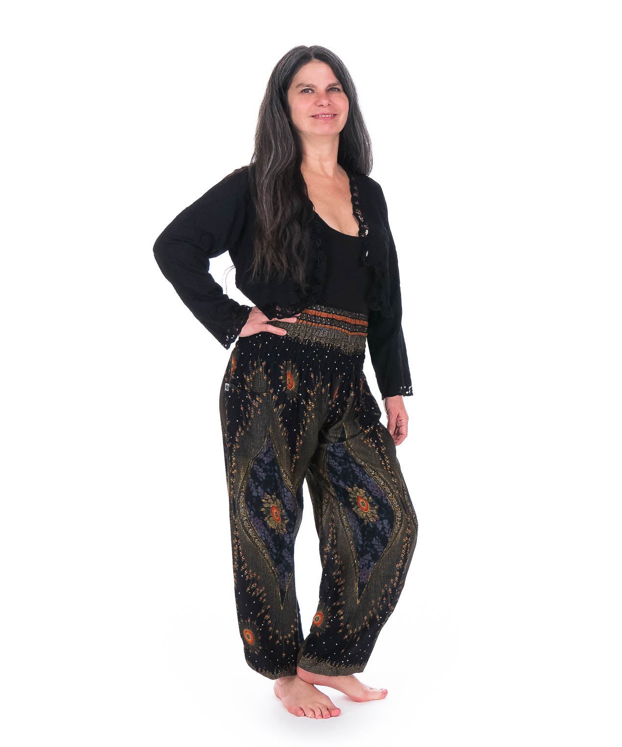 Pantalon Bouffant imprimé Oeil de Paon Noir - Boutique Equinoxe