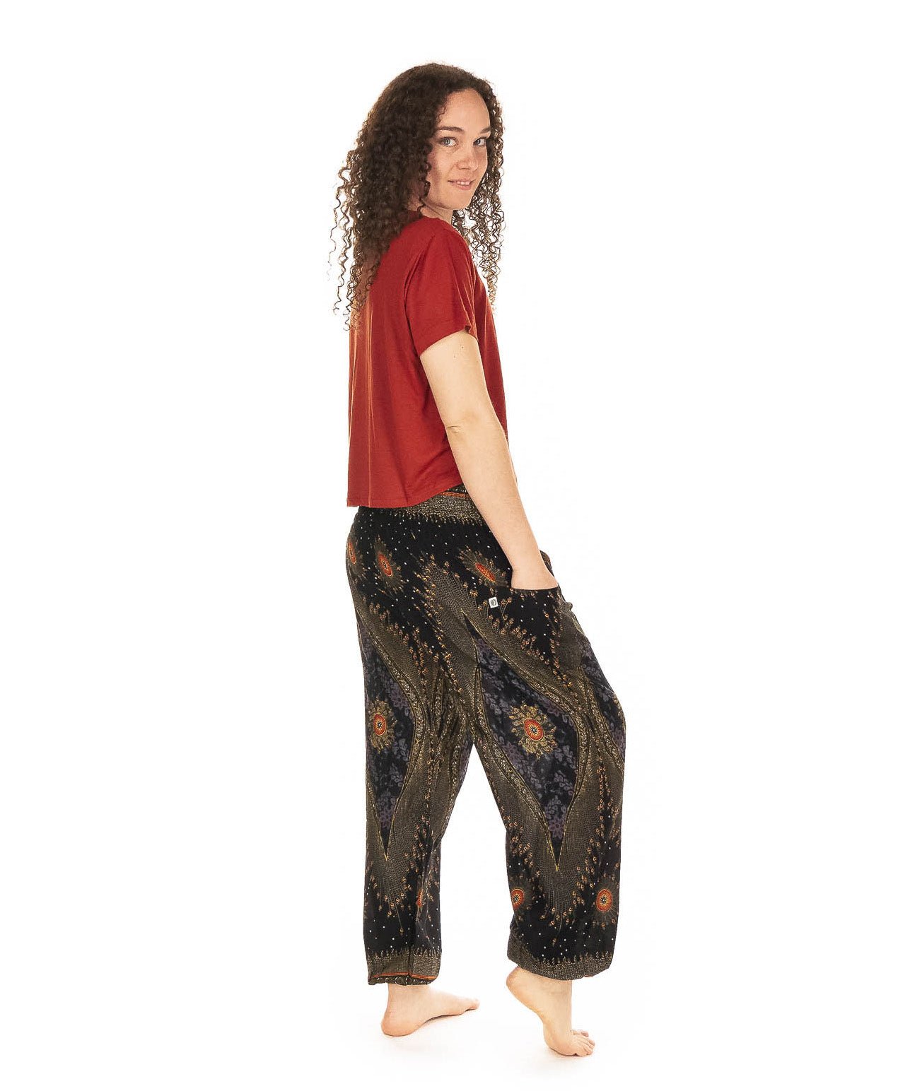 Pantalon Bouffant imprimé Oeil de Paon Noir - Boutique Equinoxe