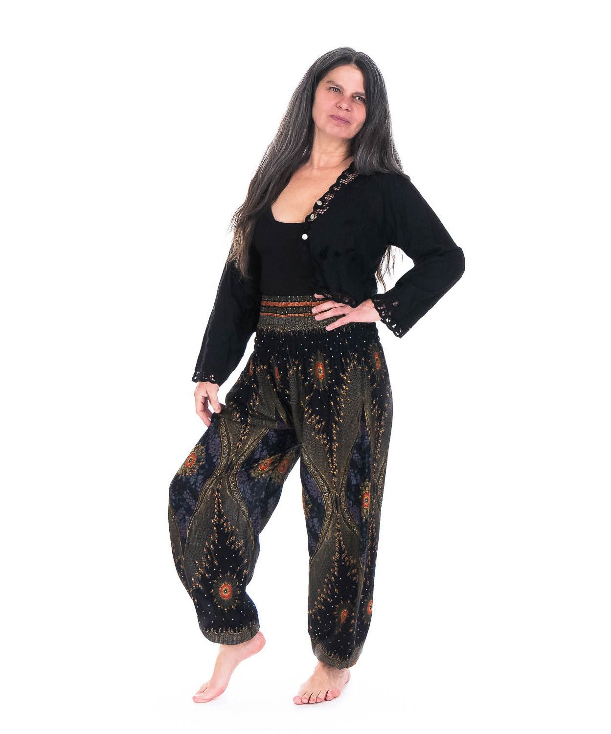 Pantalon Bouffant imprimé Oeil de Paon Noir - Boutique Equinoxe