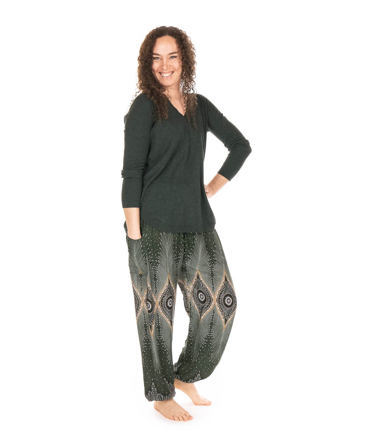 Pantalon Bouffant imprimé Plume de Paon Vert - Boutique Equinoxe