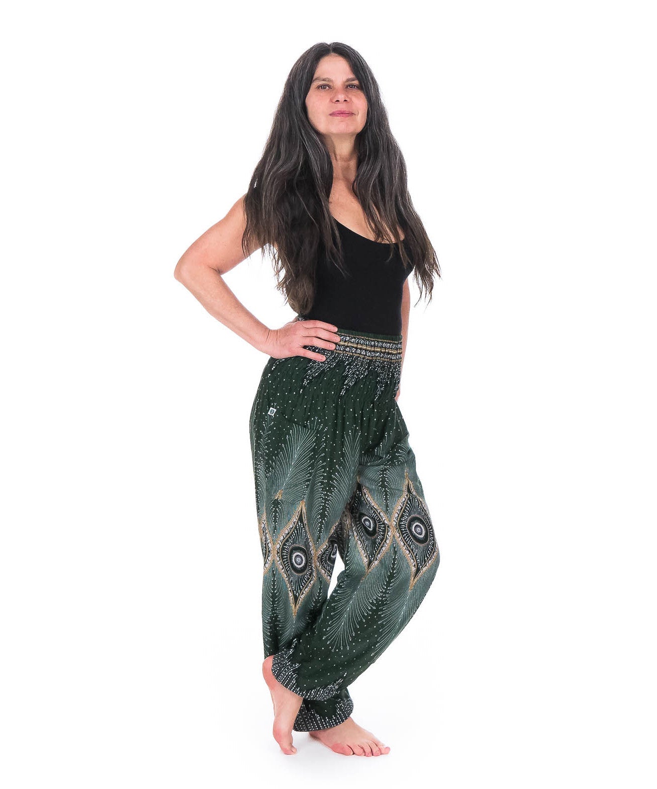 Pantalon Bouffant imprimé Plume de Paon Vert - Boutique Equinoxe