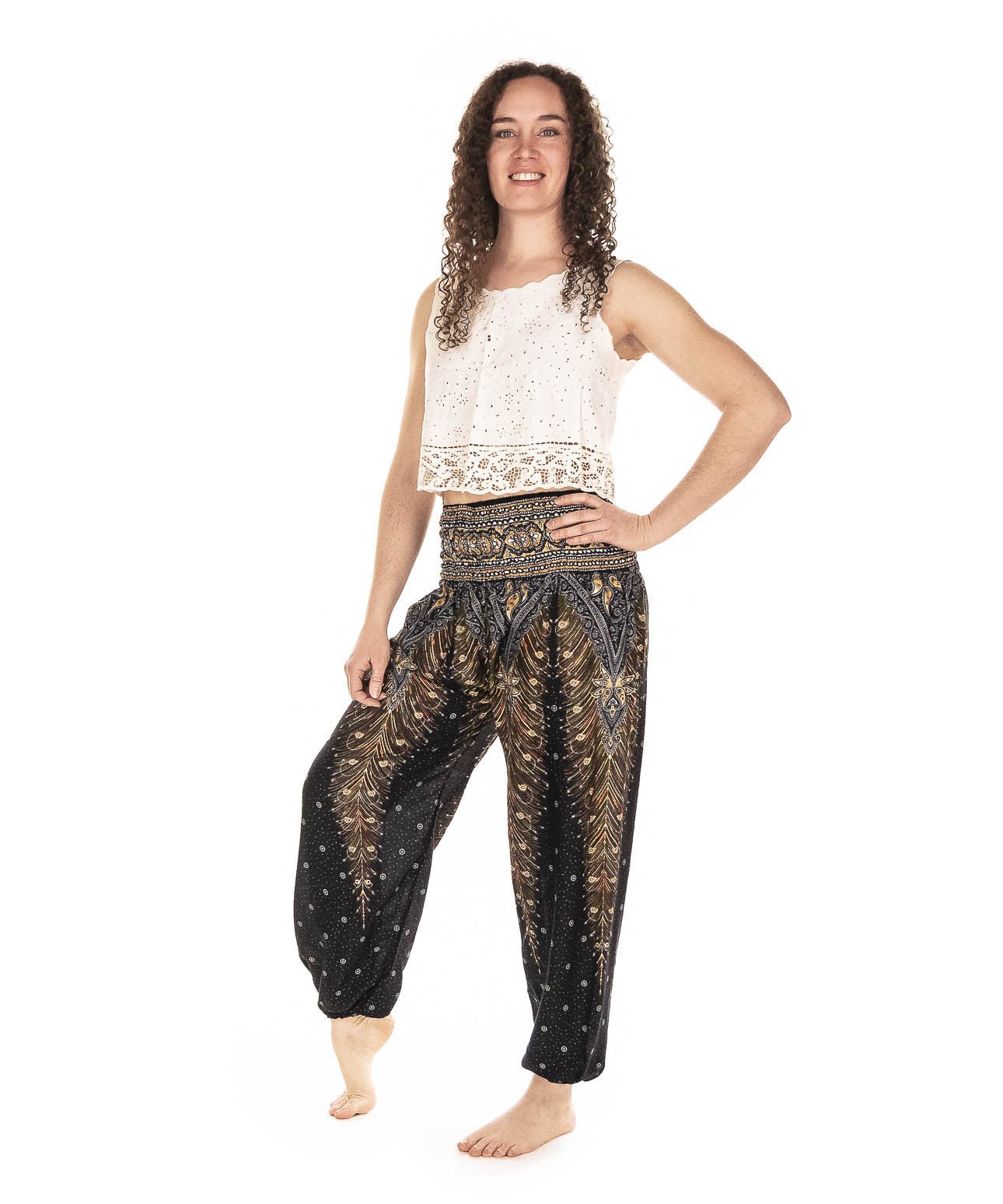 Pantalon Bouffant imprimé Plume noir - Boutique Equinoxe