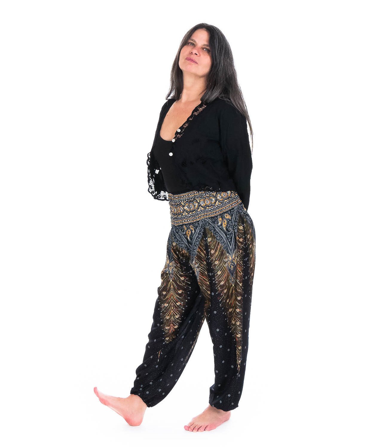 Pantalon Bouffant imprimé Plume noir - Boutique Equinoxe