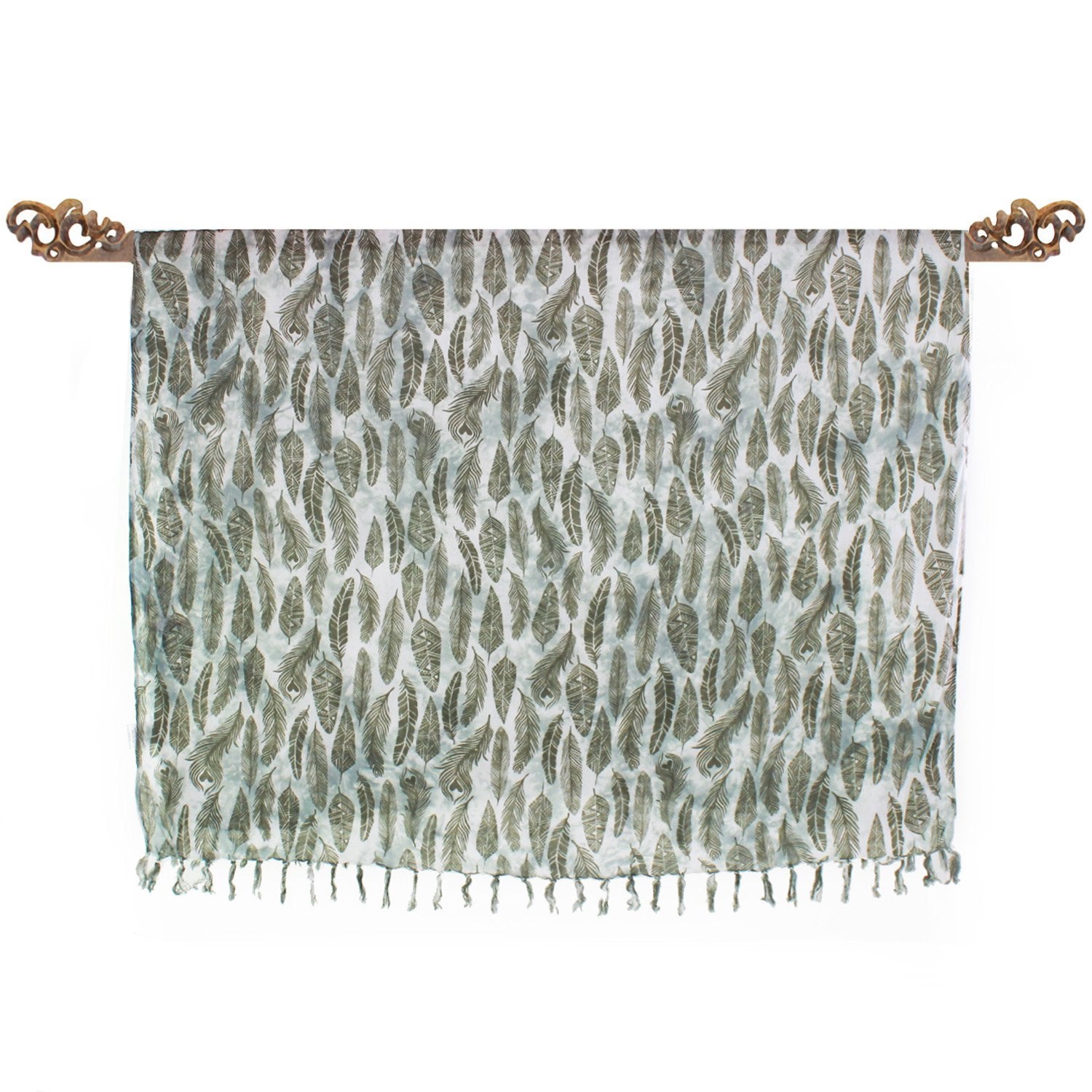 Paréo Blanc Plumes Vertes - Boutique Equinoxe