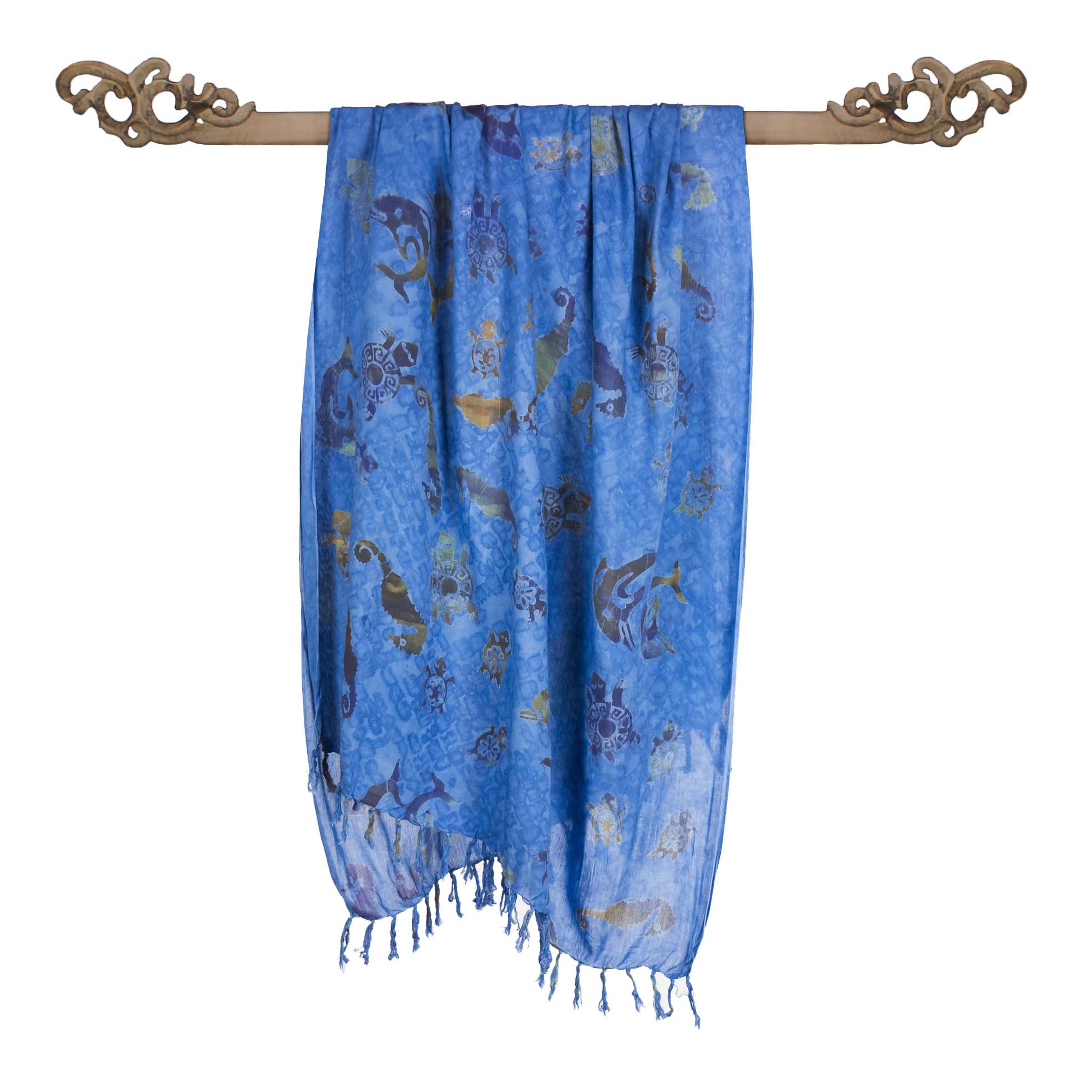 Paréo Batik denim, avec animaux marins - Boutique Equinoxe