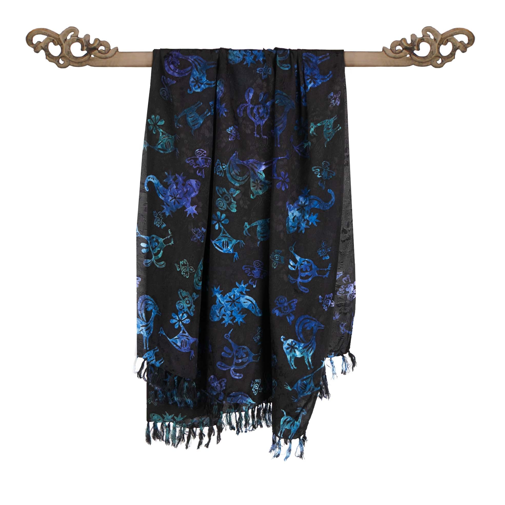 Paréo Batik noir avec animaux bleus - Boutique Equinoxe