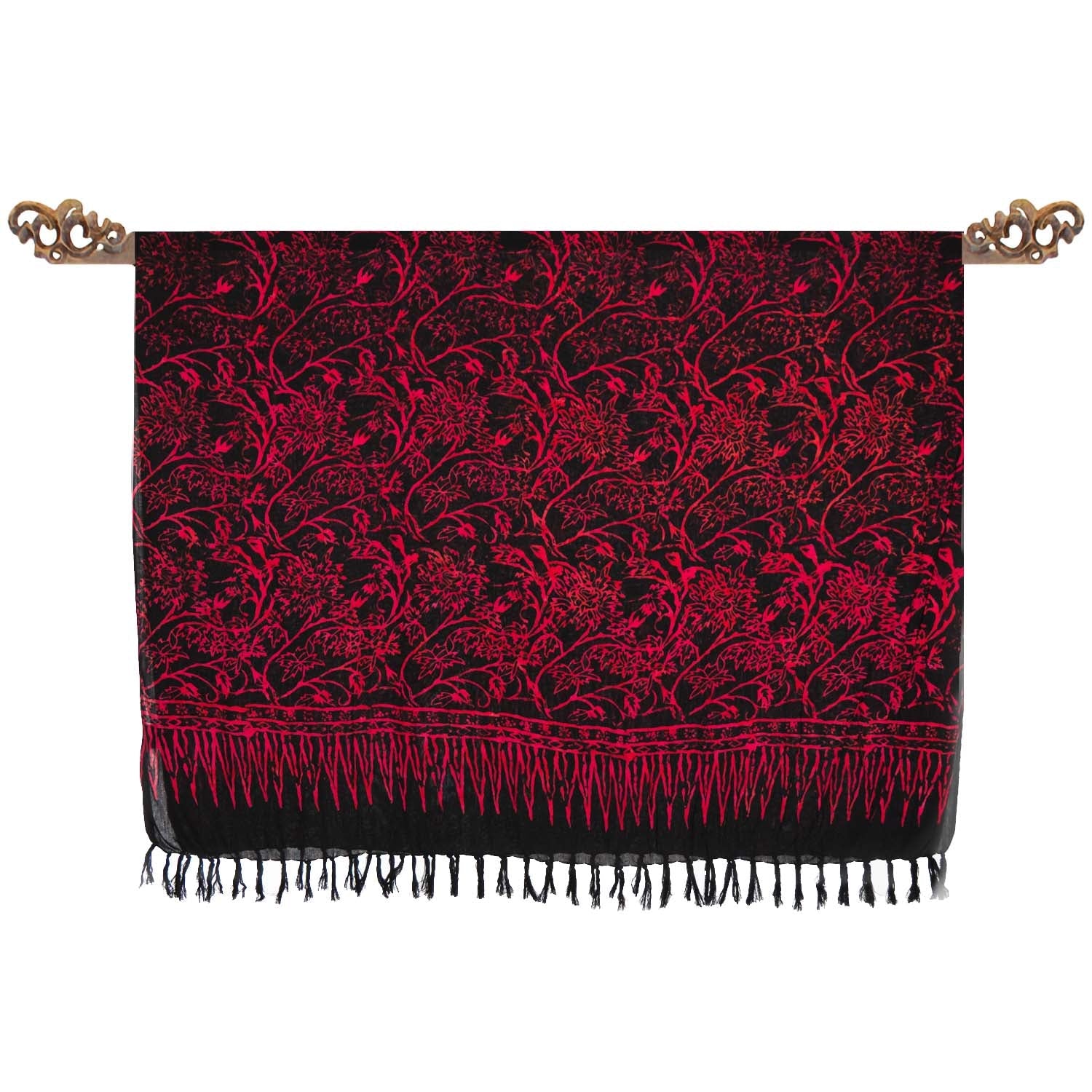Paréo Batik noir avec plantes rouges - Boutique Equinoxe