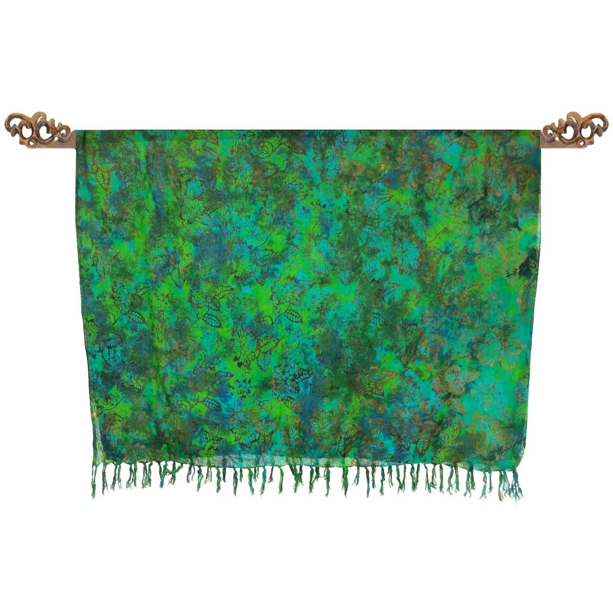 Pareo en Batik Fleurs dorées sur Vert et Sarcelle - Boutique Equinoxe