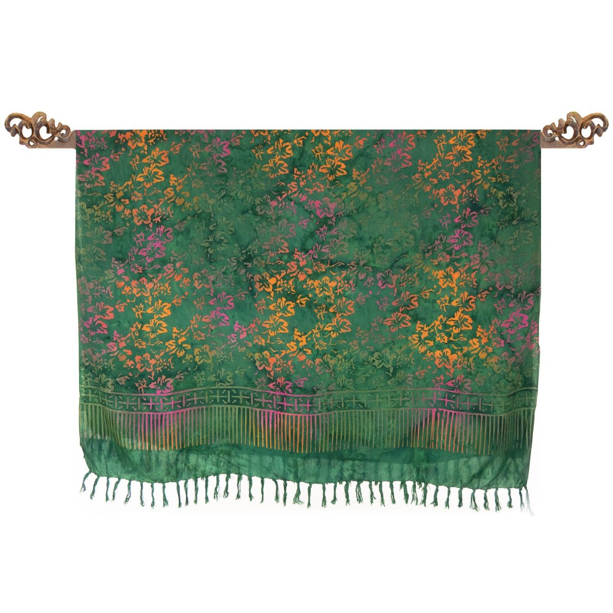 Pareo en Batik Vert avec Fleurs Roses et Orangées - Boutique Equinoxe