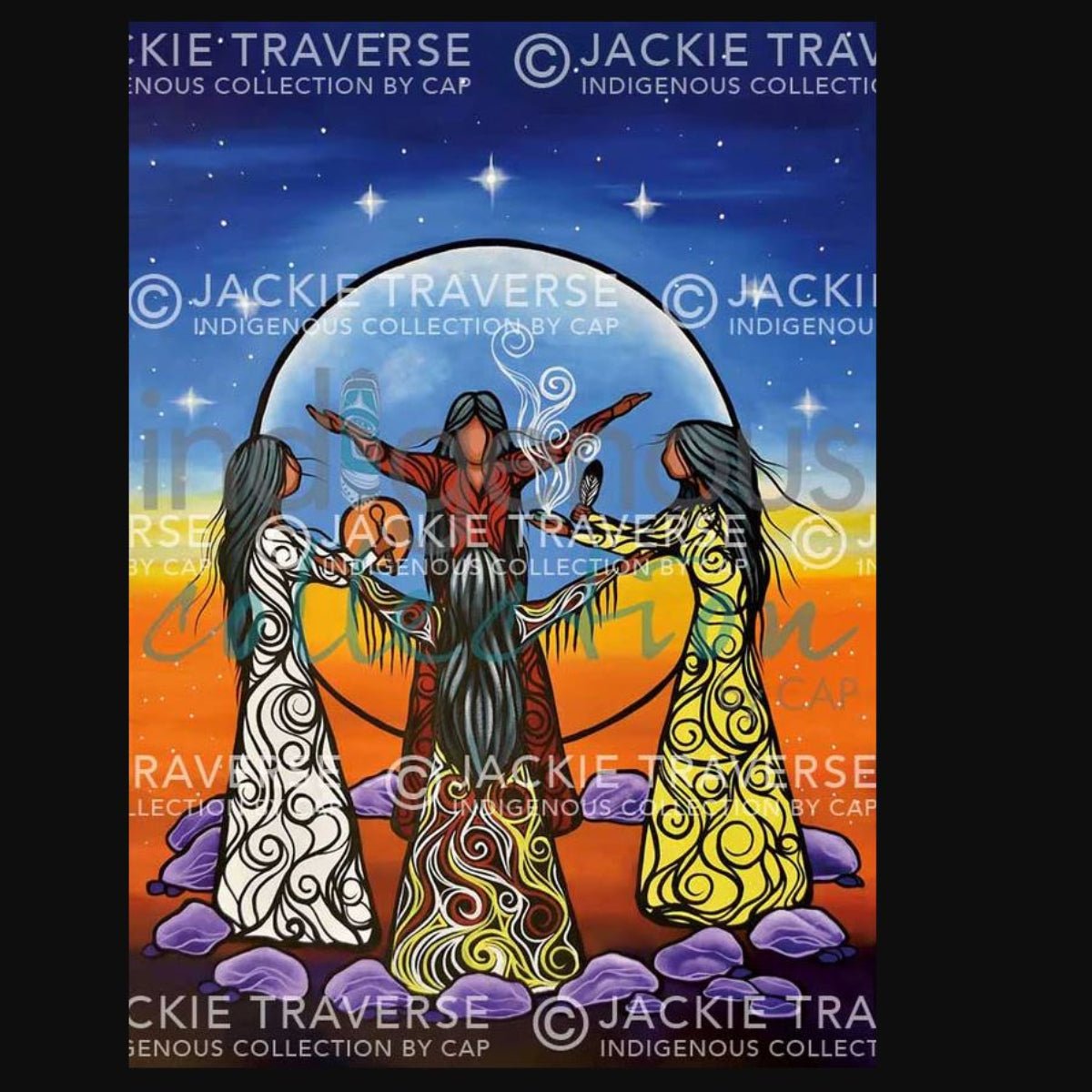 Poster Cérémonie de pleine Lune par Jackie Traverse, art autochtone - Boutique Equinoxe