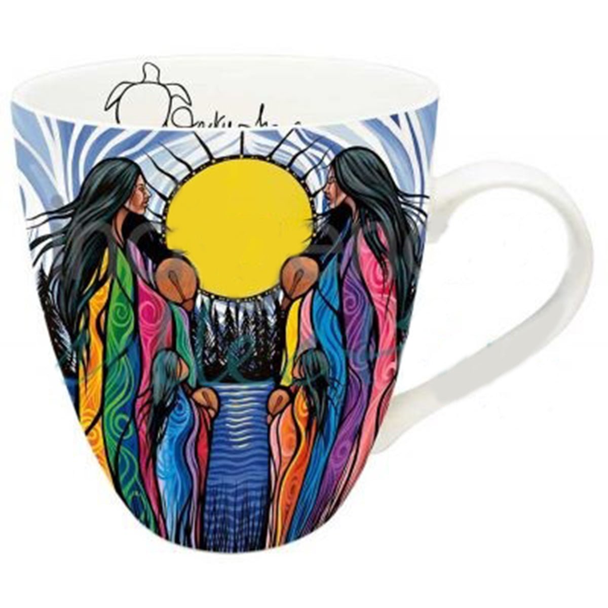 Tasse Chanson de l'eau entre mère et fille par Jackie Traverse, art autochtone - Boutique Equinoxe