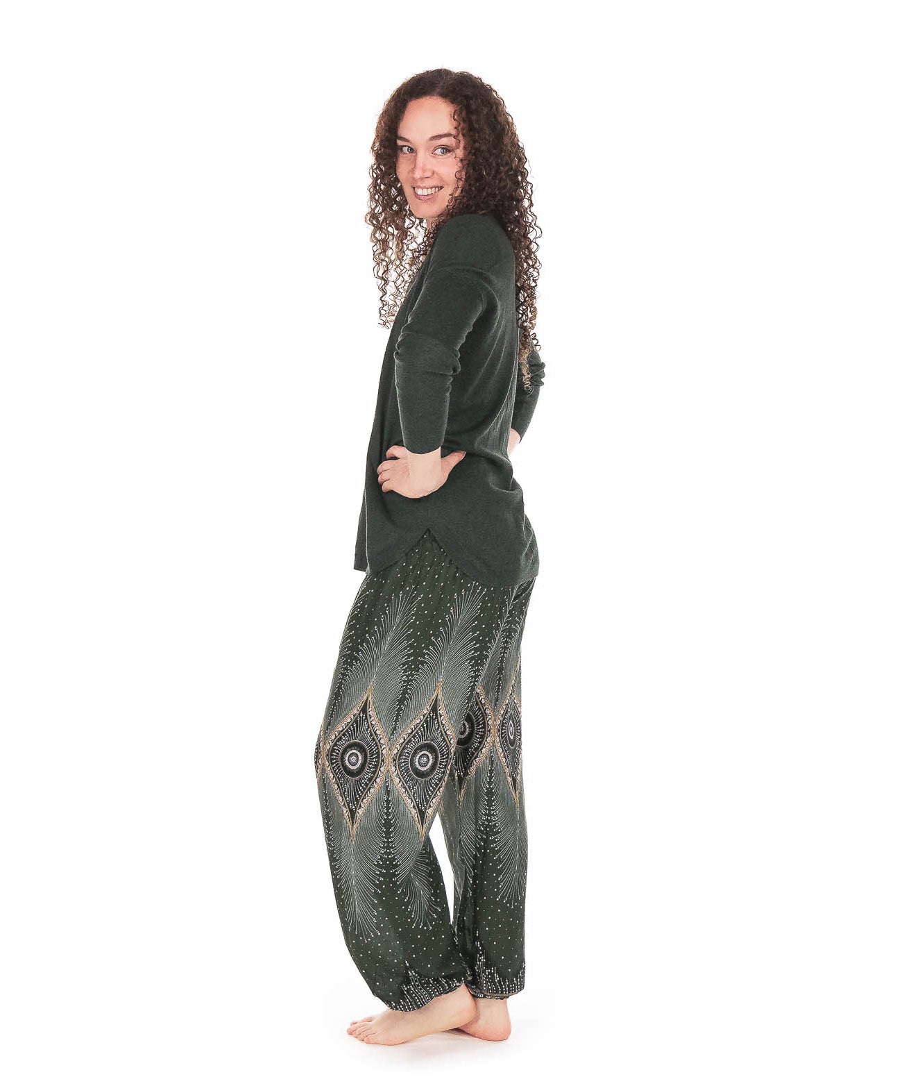 Pantalon Bouffant imprimé Plume de Paon Vert - Boutique Equinoxe