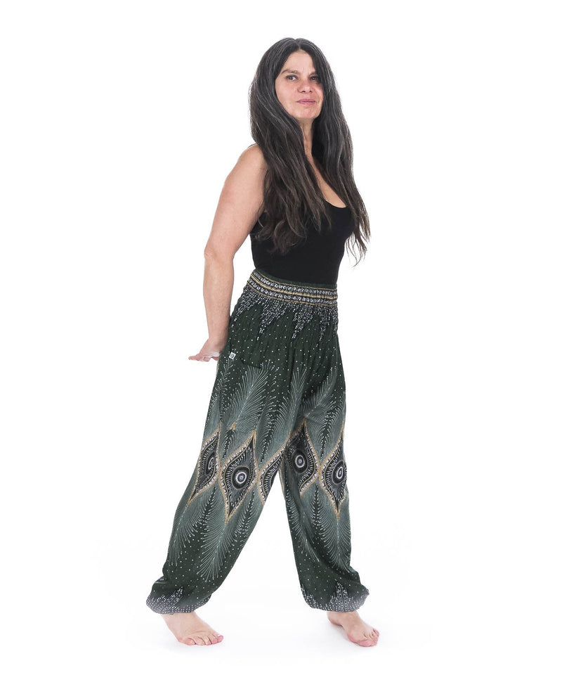 Pantalon Bouffant imprimé Plume de Paon Vert - Boutique Equinoxe