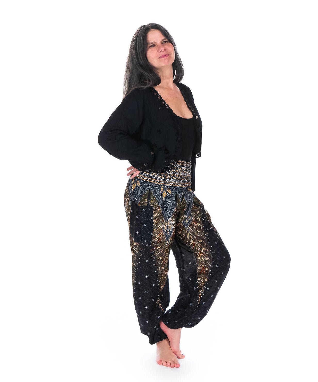 Pantalon Bouffant imprimé Plume noir - Boutique Equinoxe