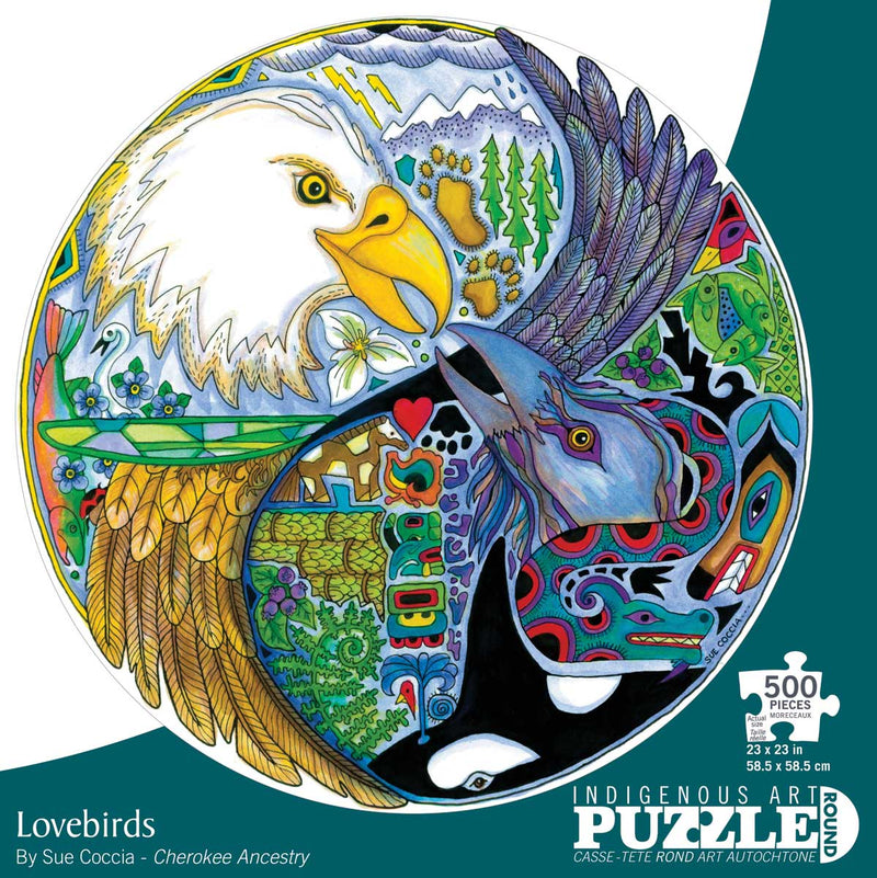 Casse-tête Lovebirds de Sue Coccia, 500 mcx. Rond, images d'artistes autochtones.